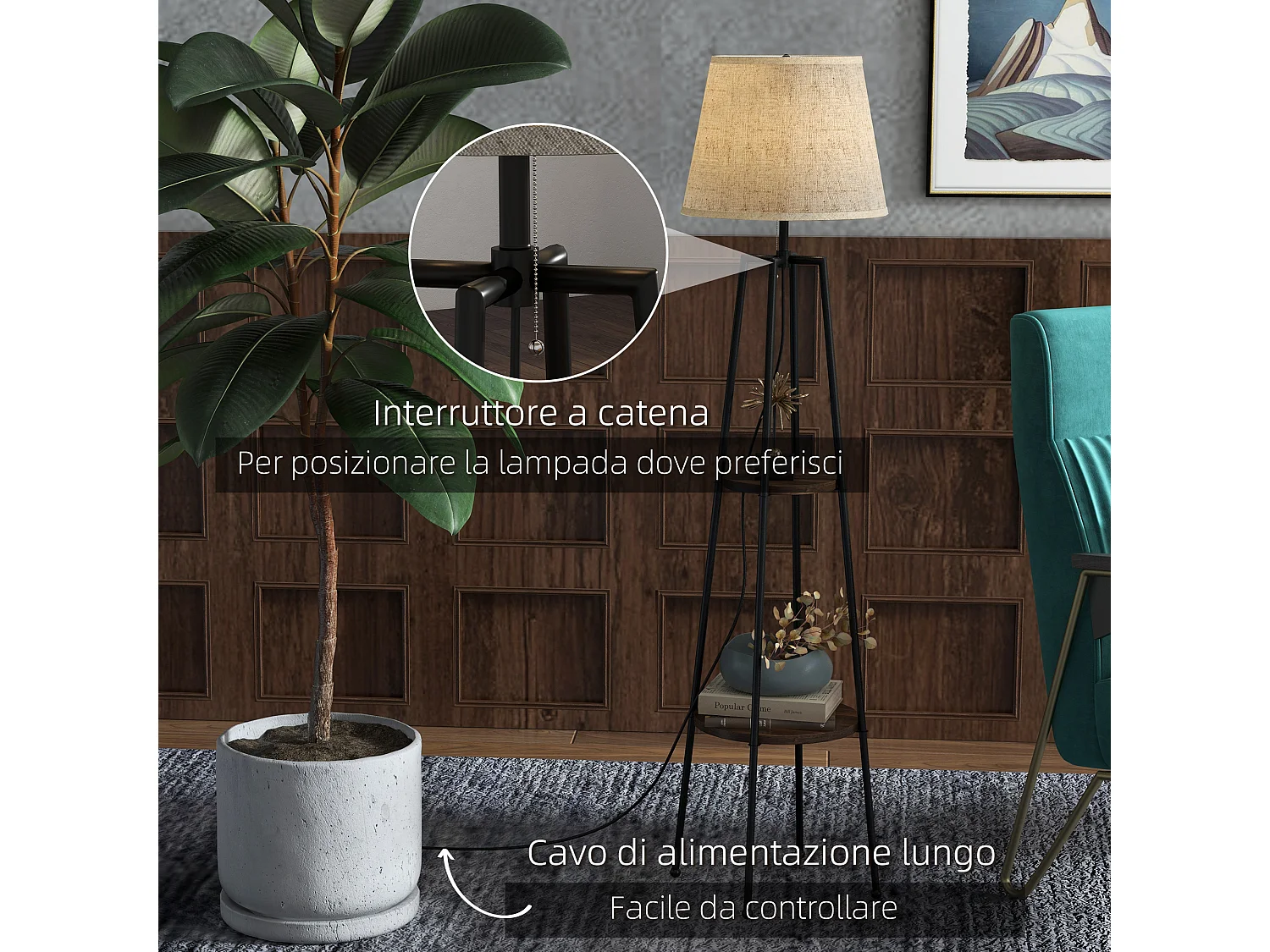 Lampada da terra a 2 ripiani con paralume in tessuto