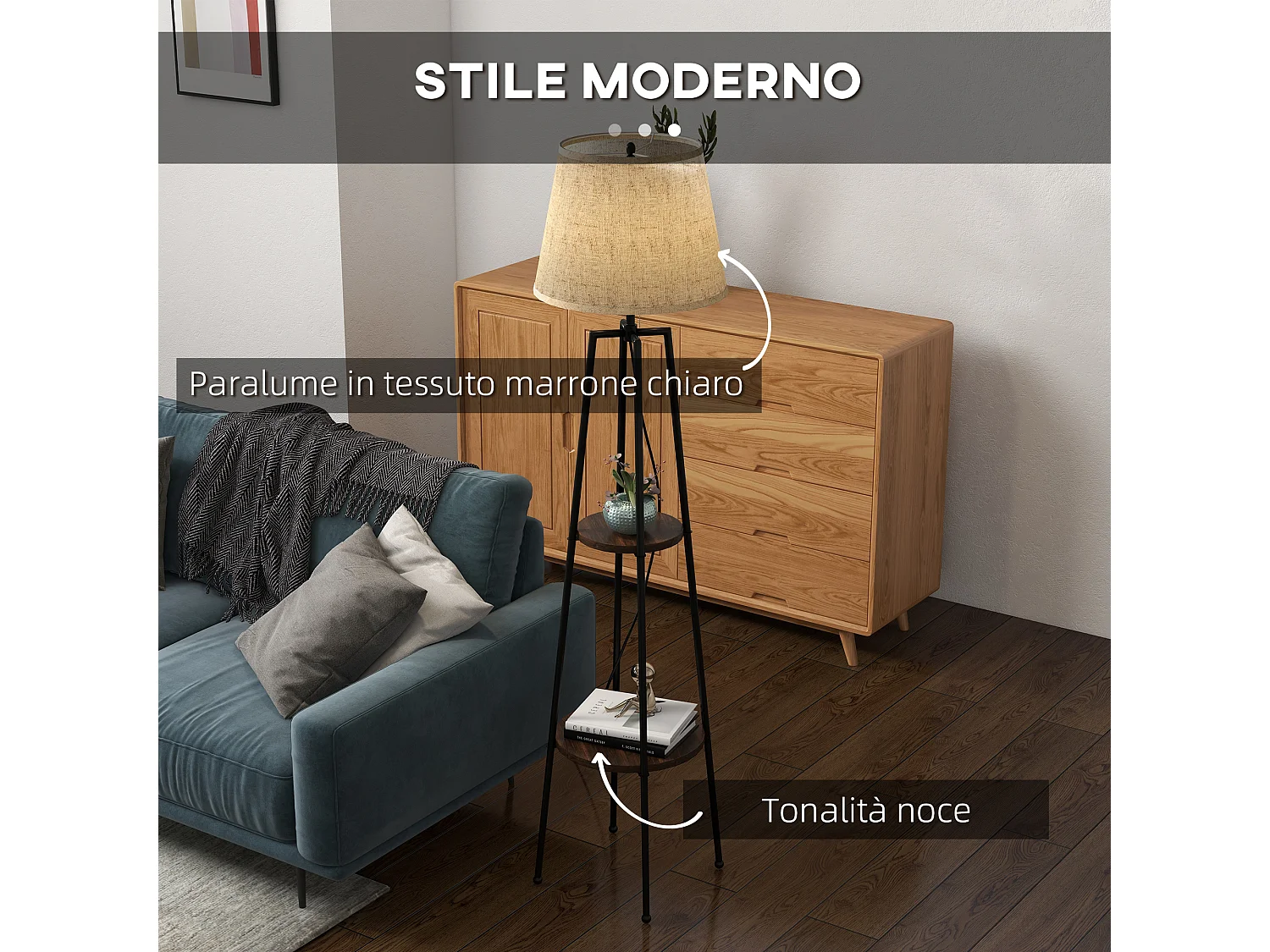 Lampada da terra a 2 ripiani con paralume in tessuto