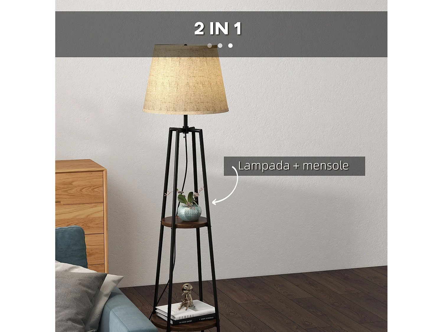 Lampada da terra a 2 ripiani con paralume in tessuto