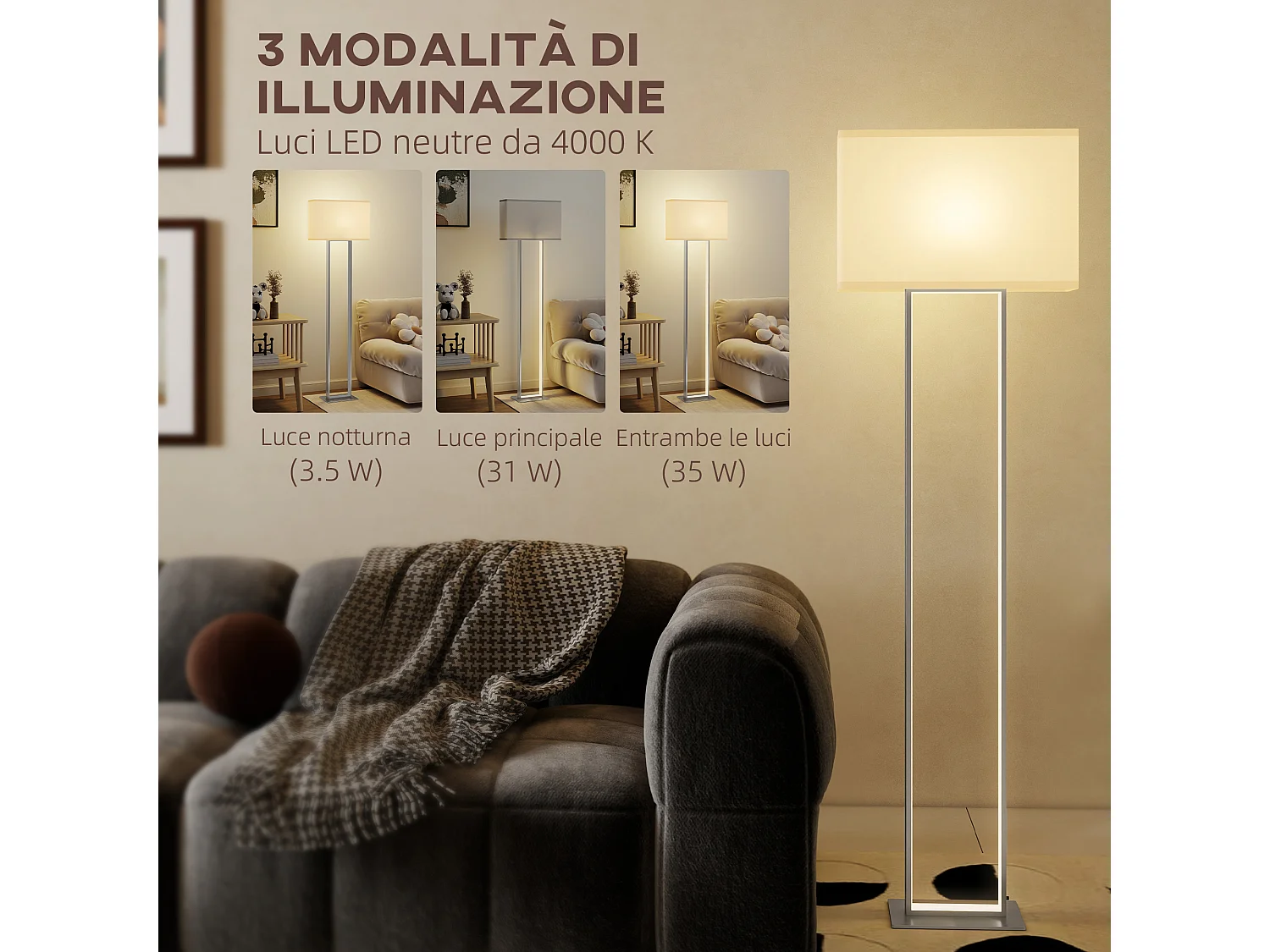 Lampada da terra con luminosità regolabile e interruttore a pedale