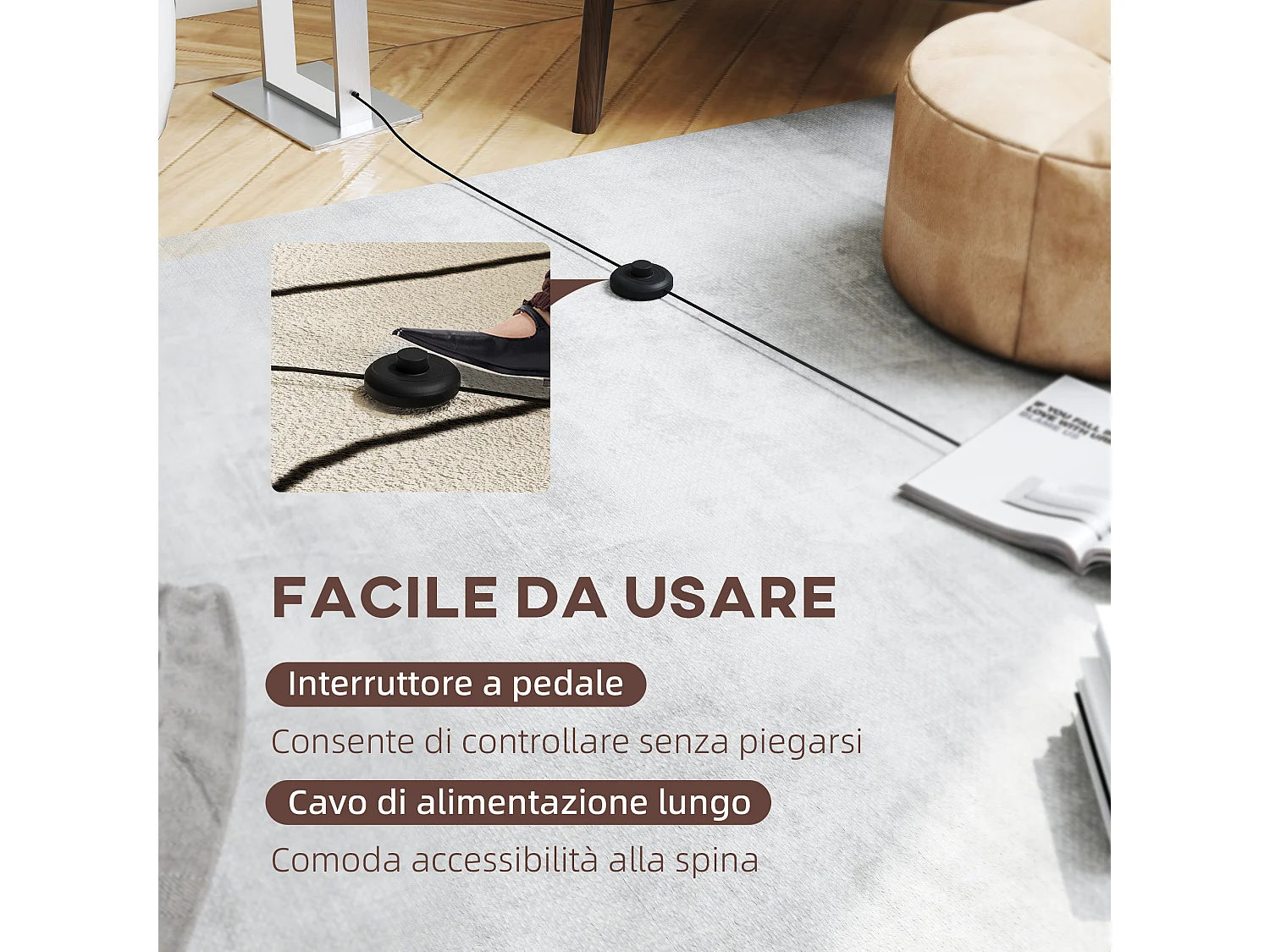 Lampada da terra con luminosità regolabile e interruttore a pedale