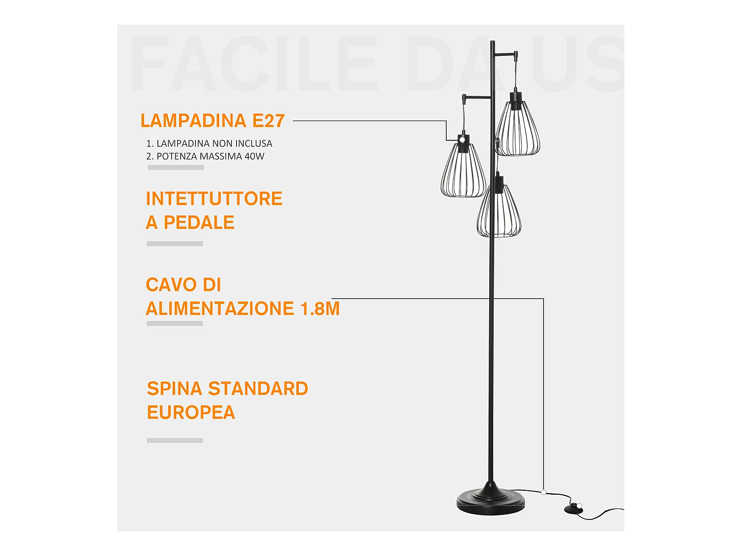 Lampada da terra design vintage industriale moderna in metallo nero