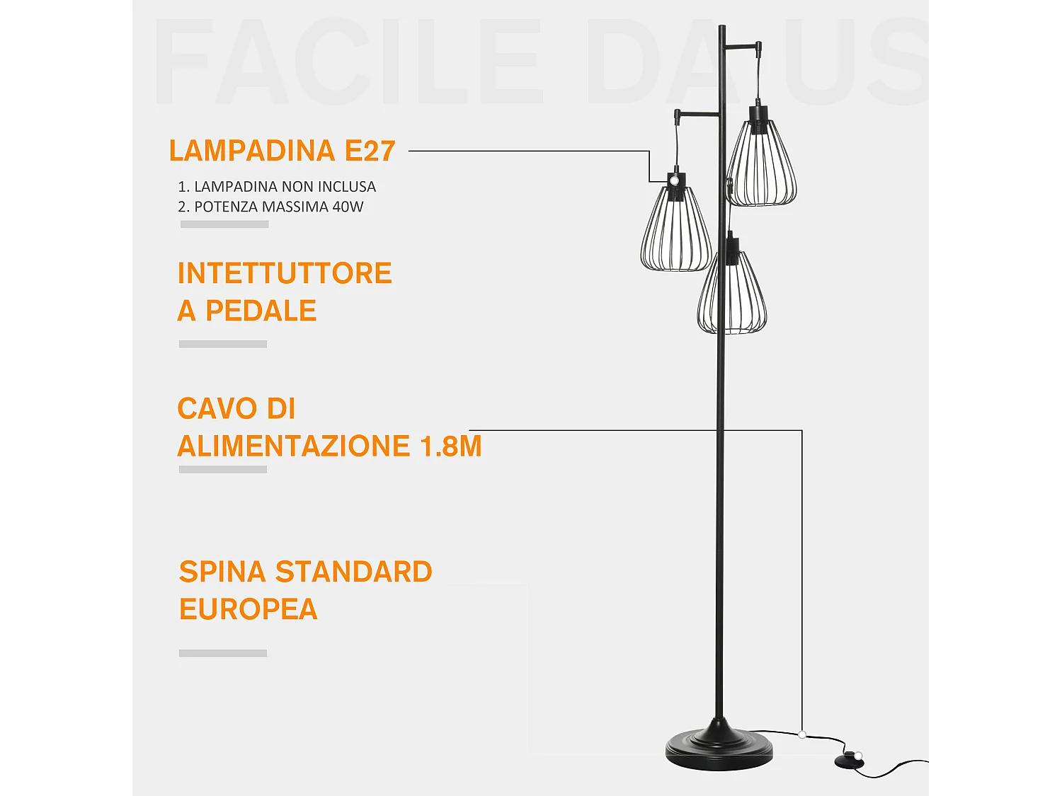 Lampada da terra design vintage industriale moderna in metallo nero