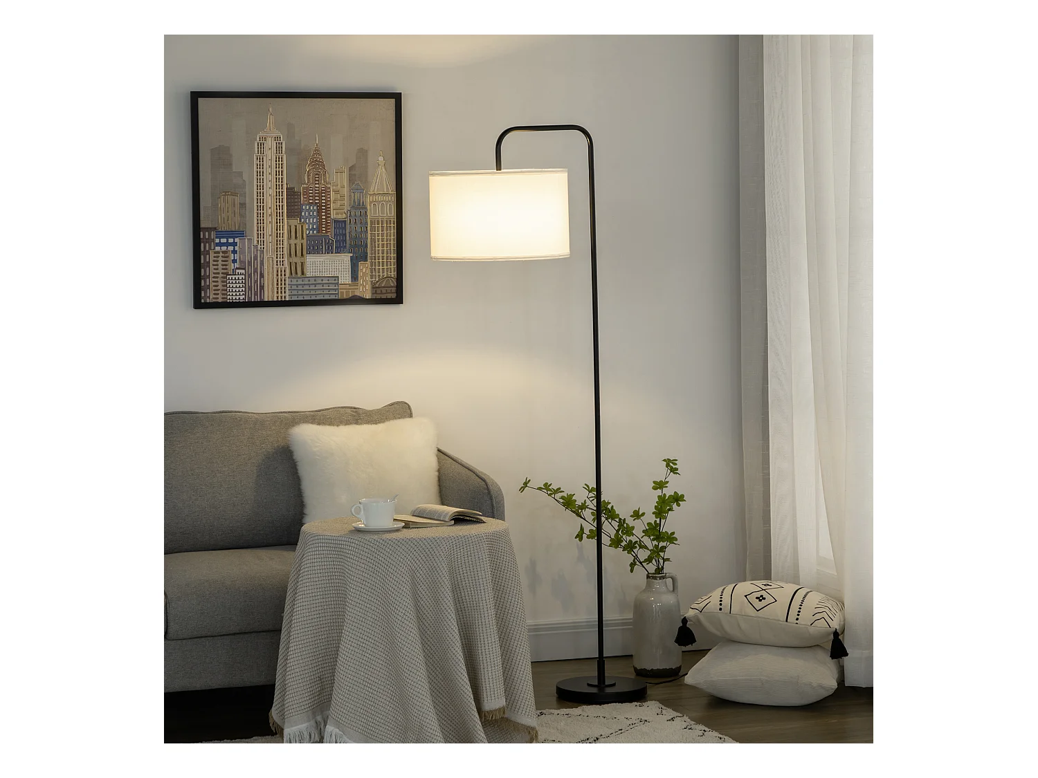 Lampada da terra moderna in acciaio e poliestere bianca e nera