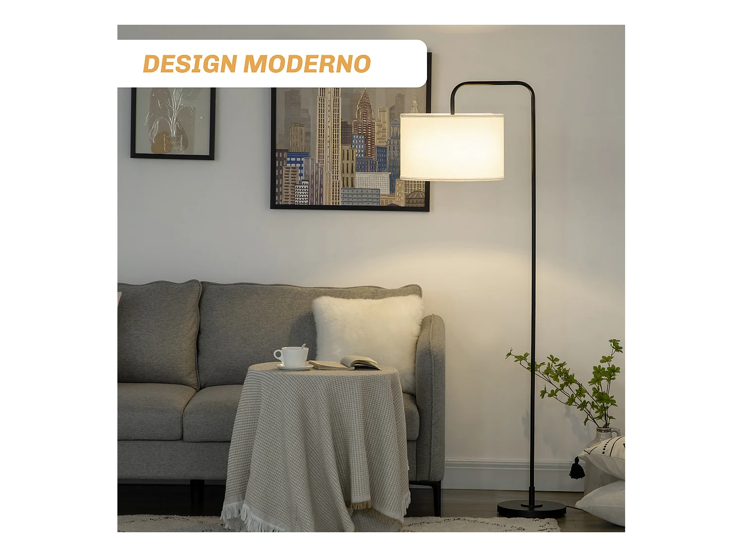 Lampada da terra moderna in acciaio e poliestere bianca e nera