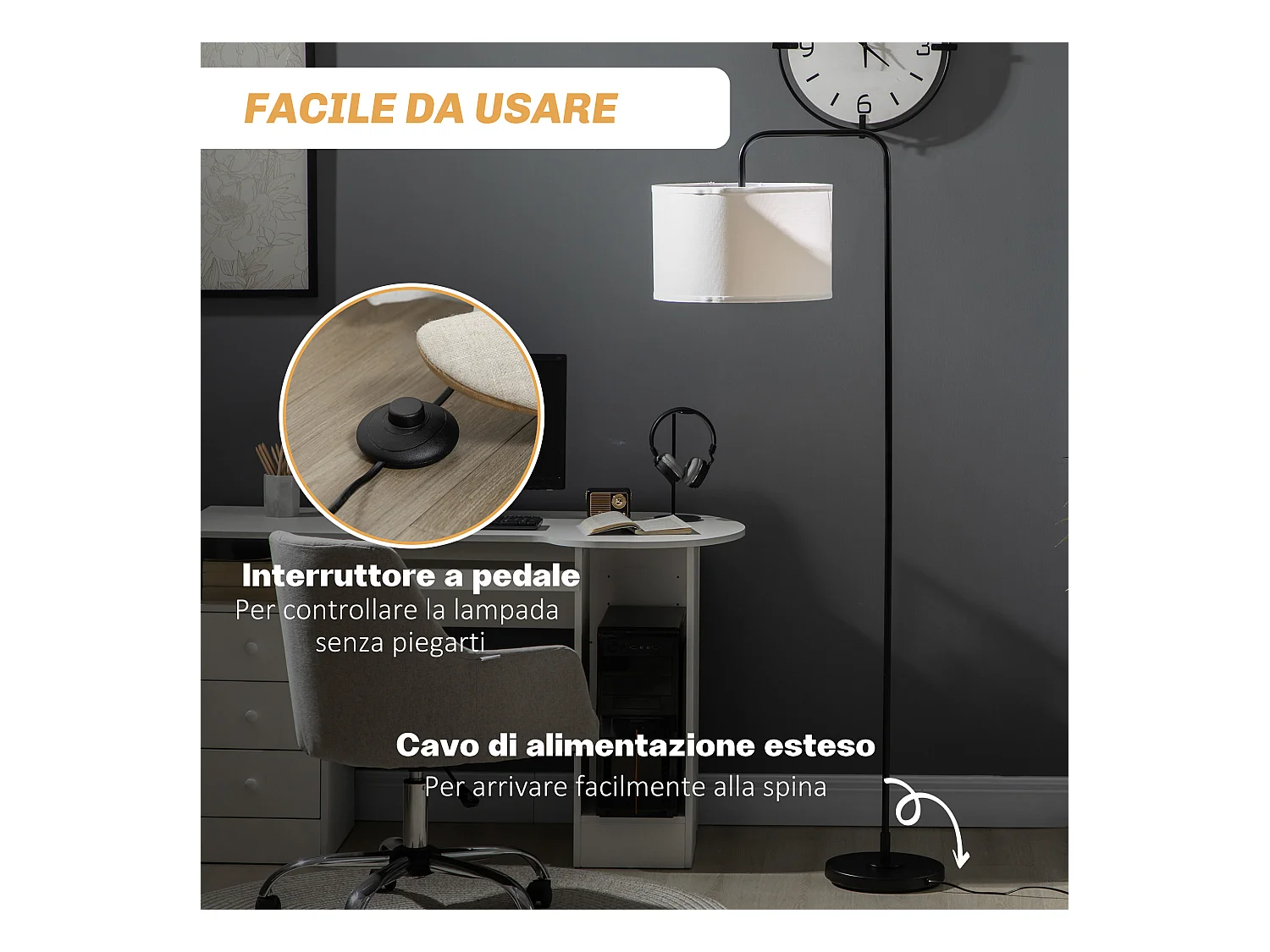 Lampada da terra moderna in acciaio e poliestere bianca e nera