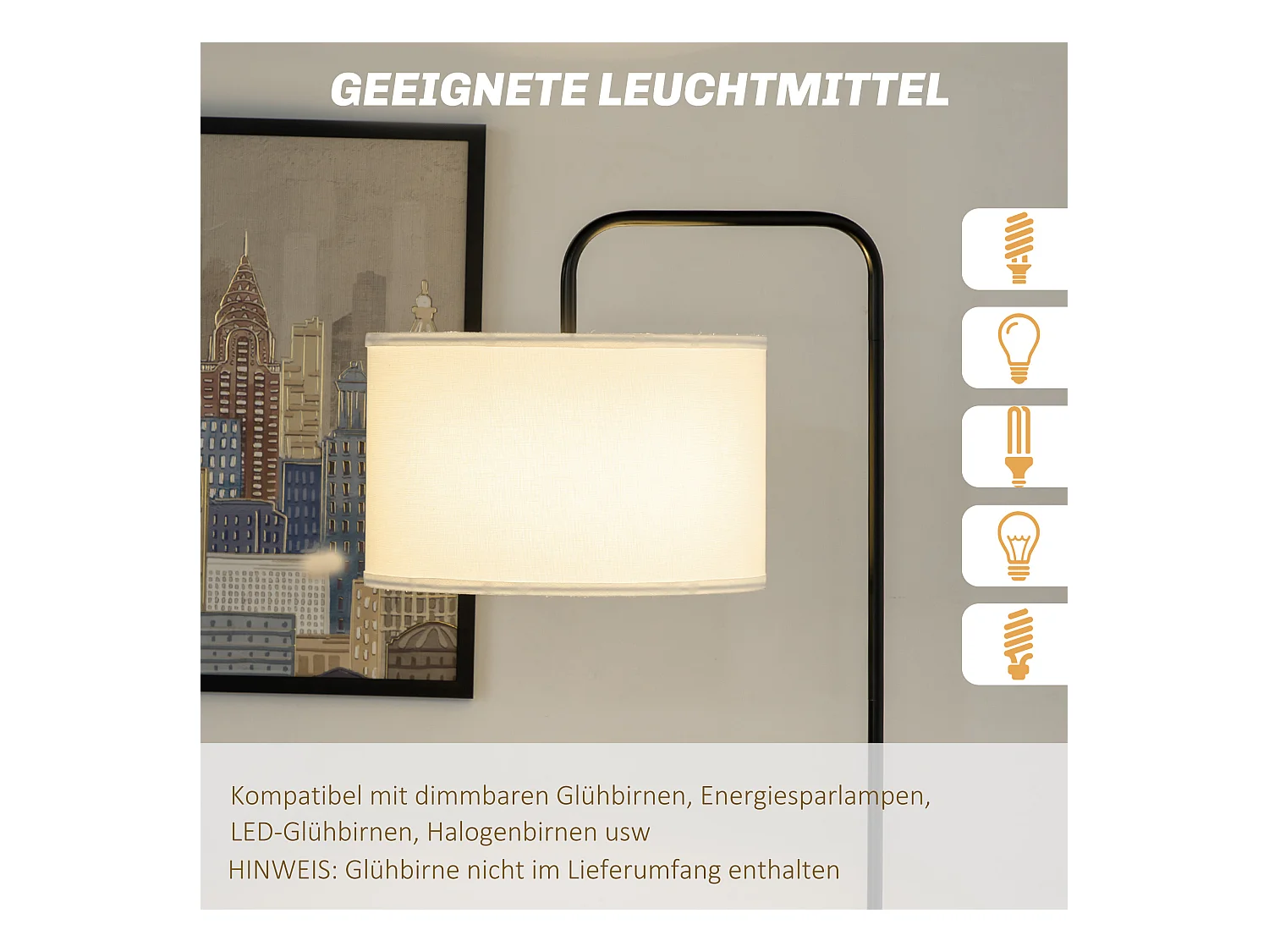 Lampada da terra moderna in acciaio e poliestere bianca e nera