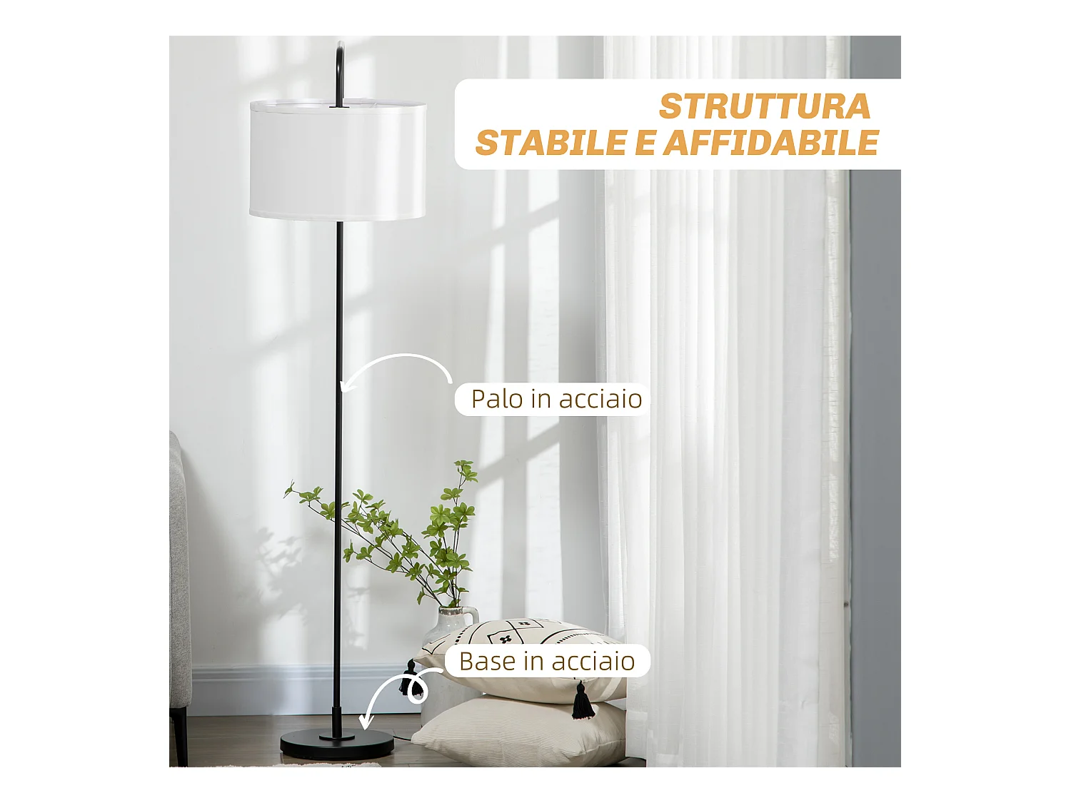 Lampada da terra moderna in acciaio e poliestere bianca e nera