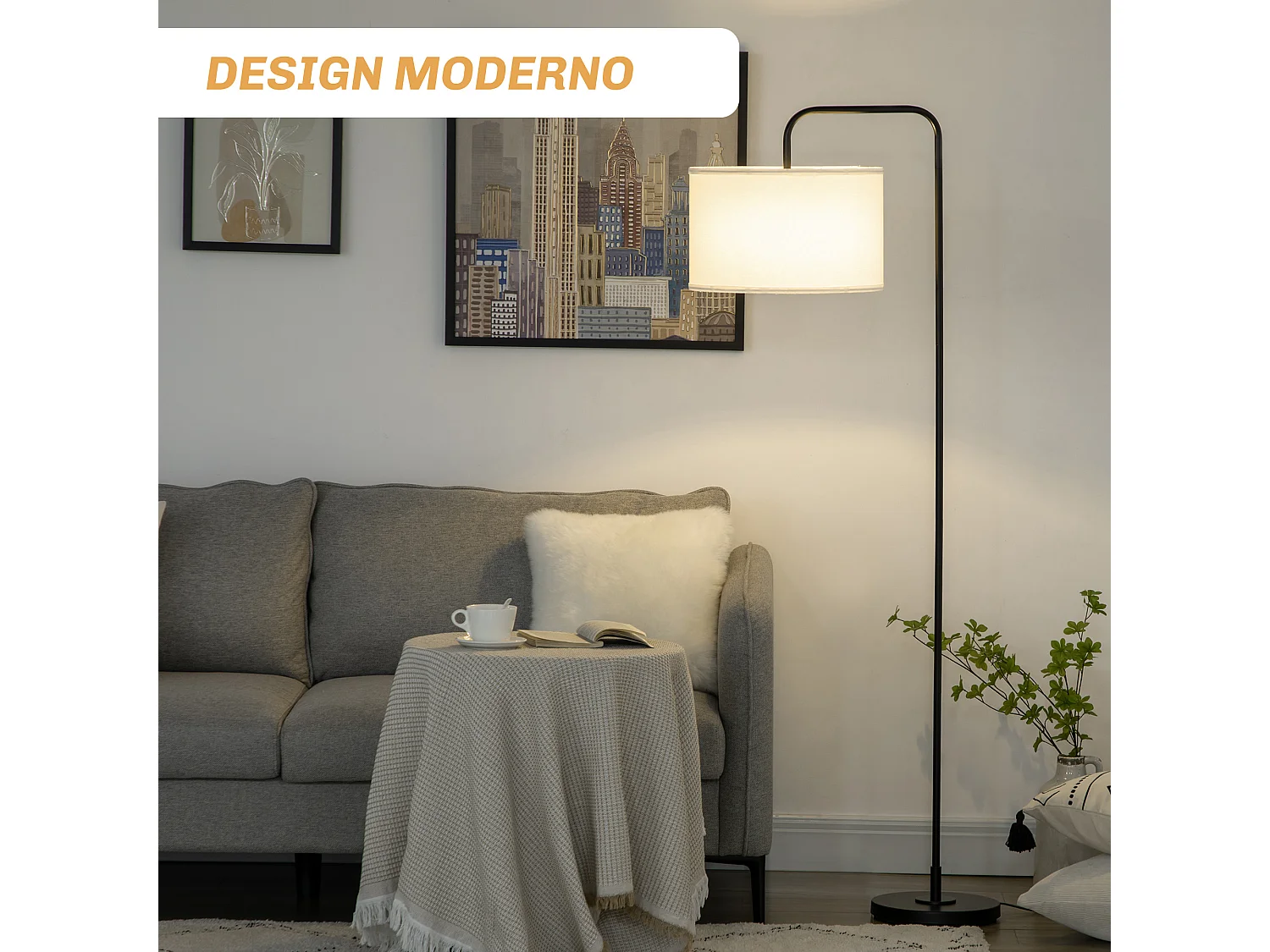 Lampada da terra moderna in acciaio e poliestere bianca e nera