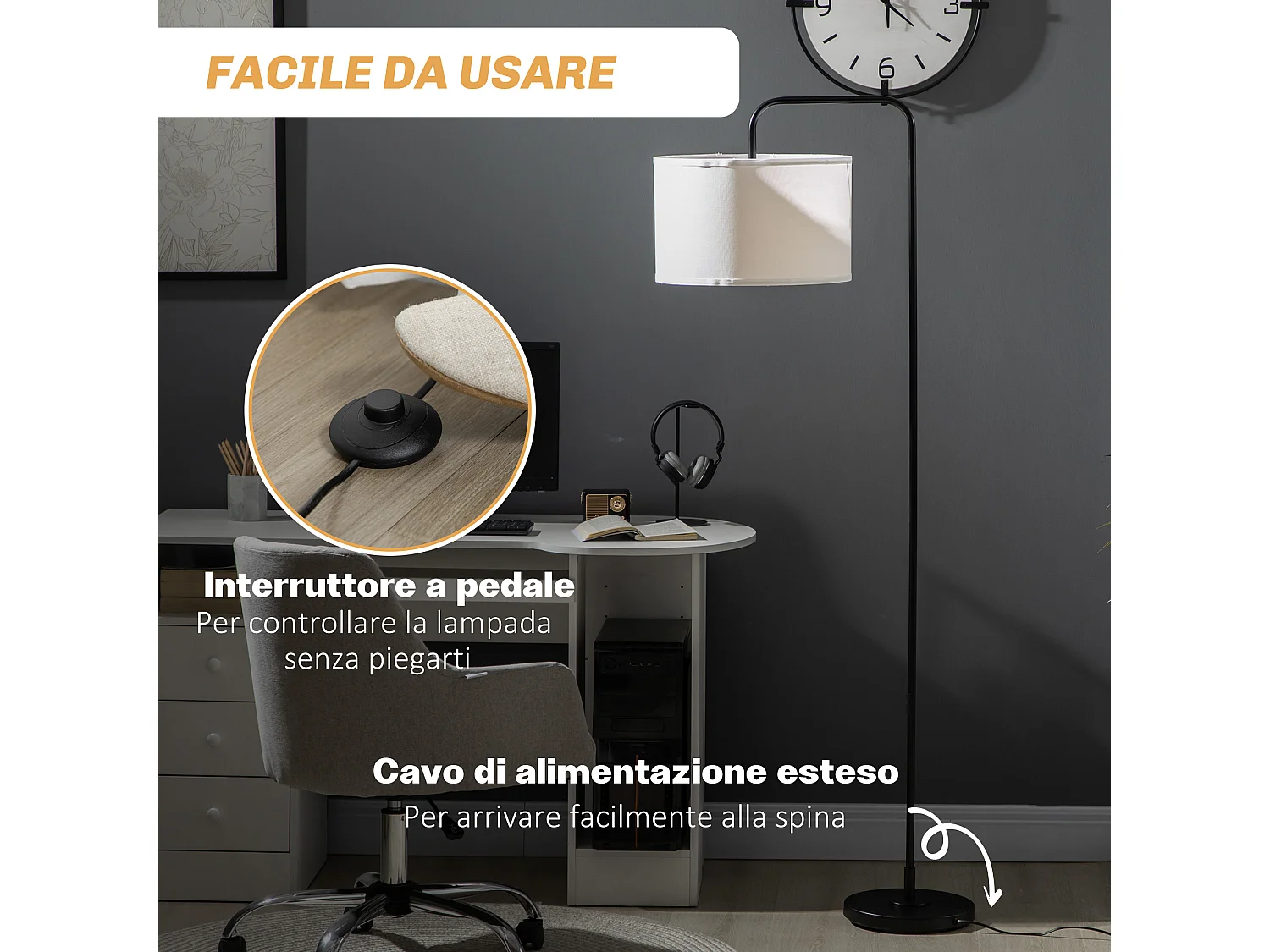 Lampada da terra moderna in acciaio e poliestere bianca e nera