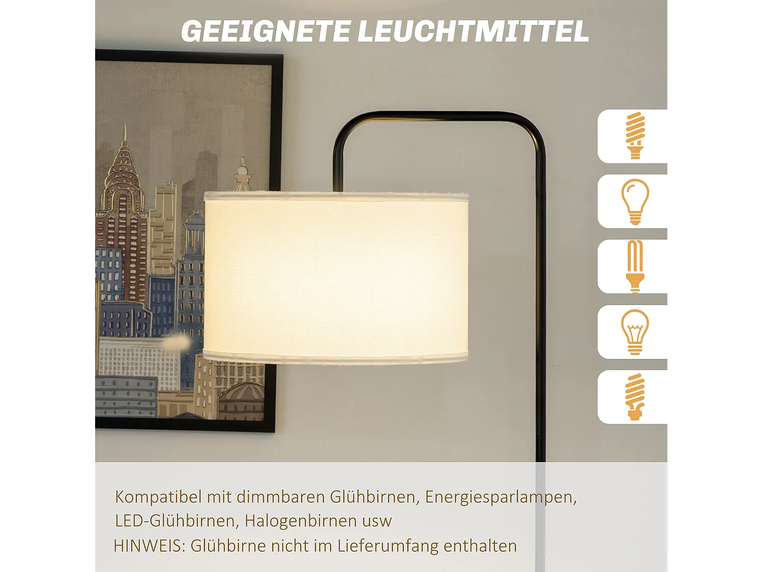 Lampada da terra moderna in acciaio e poliestere bianca e nera