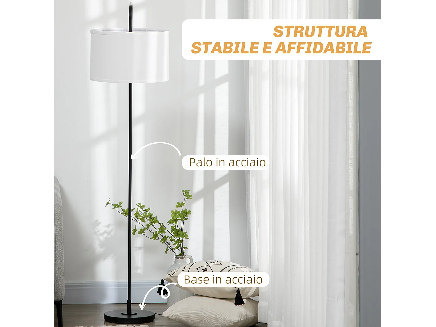 Lampada da terra moderna in acciaio e poliestere bianca e nera