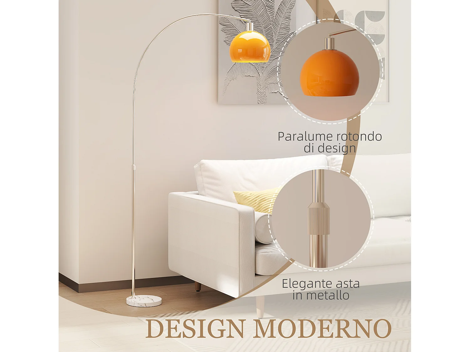 Lampada da terra ad arco con interruttore a pedale bianco e arancione