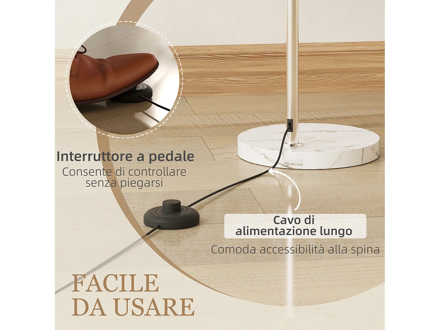 Lampada da terra ad arco con interruttore a pedale bianco e arancione
