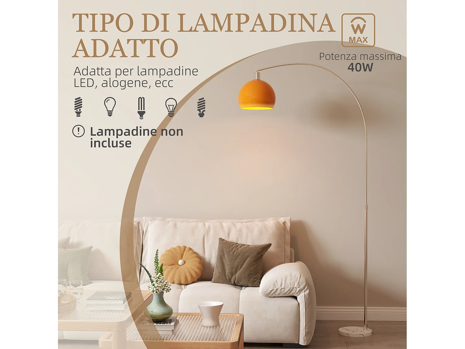 Lampada da terra ad arco con interruttore a pedale bianco e arancione