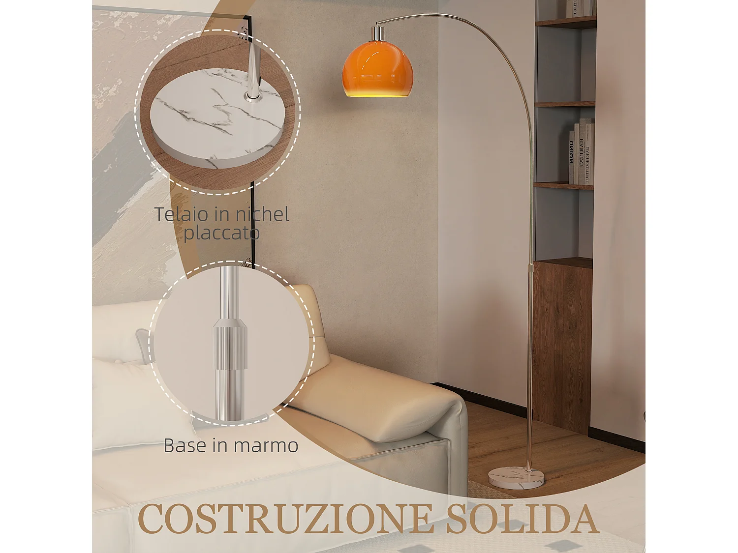 Lampada da terra ad arco con interruttore a pedale bianco e arancione