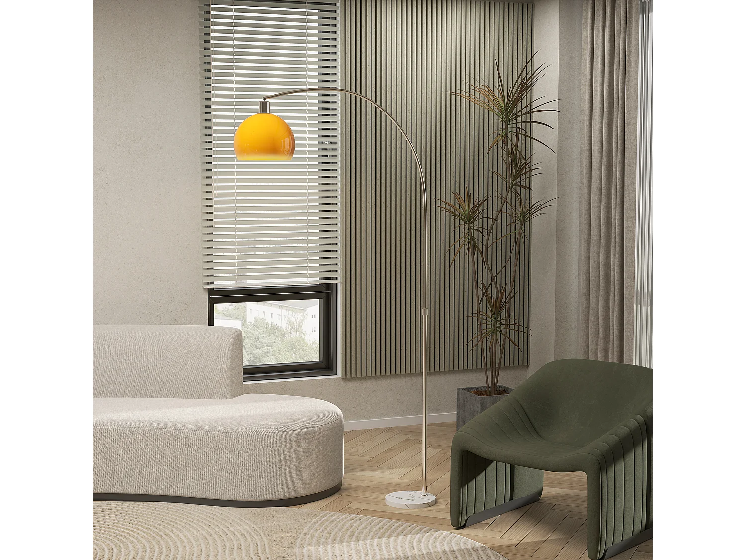 Lampada da terra ad arco con interruttore a pedale bianco e arancione
