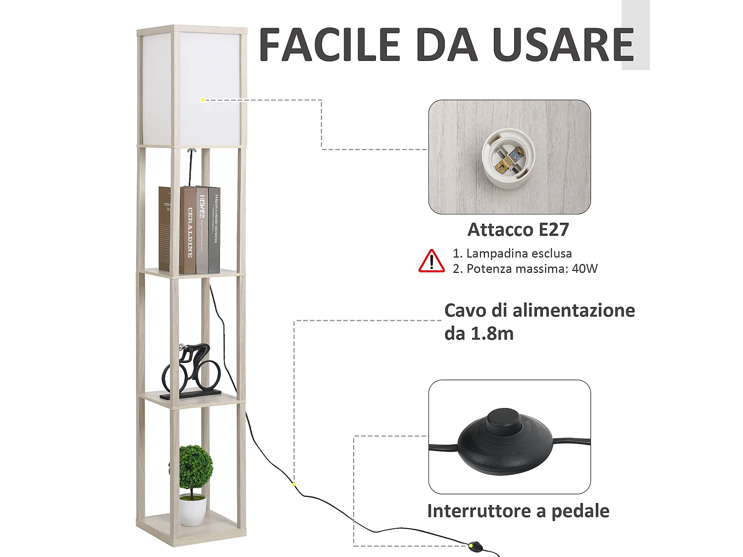 Lampada moderna potenza 40w attacco e27 3 mensole integrate