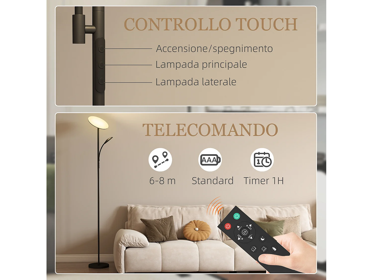 Lampada da terra con 2 punti luce regolabile e con telecomando nero