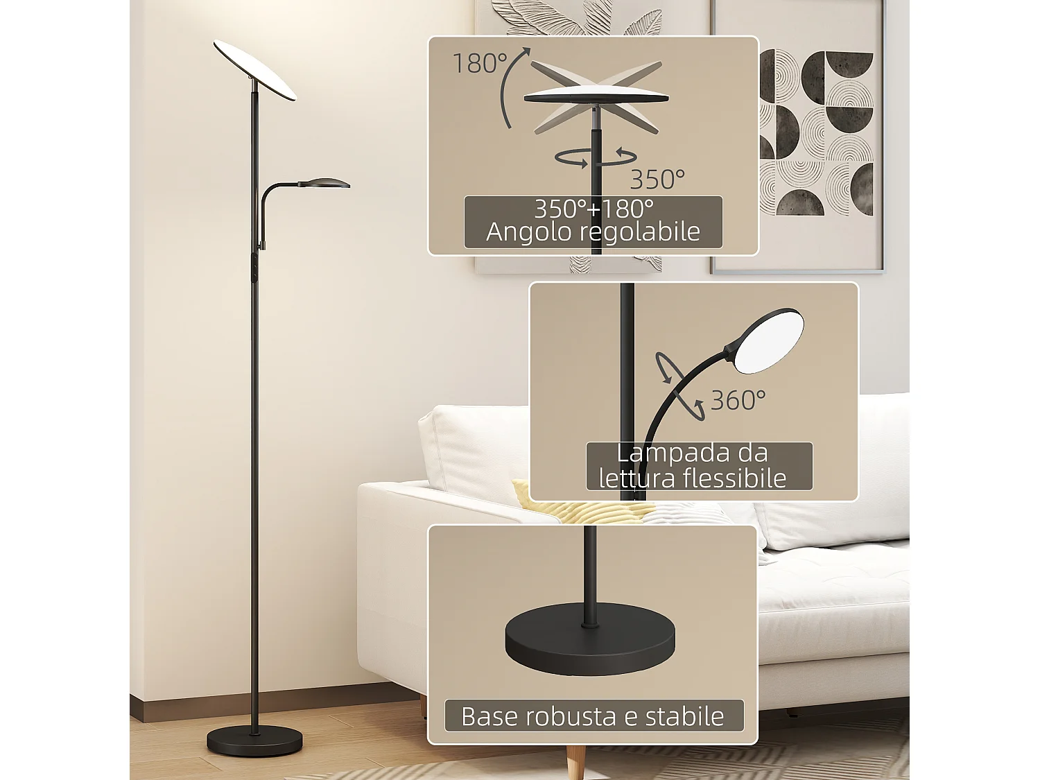 Lampada da terra con 2 punti luce regolabile e con telecomando nero