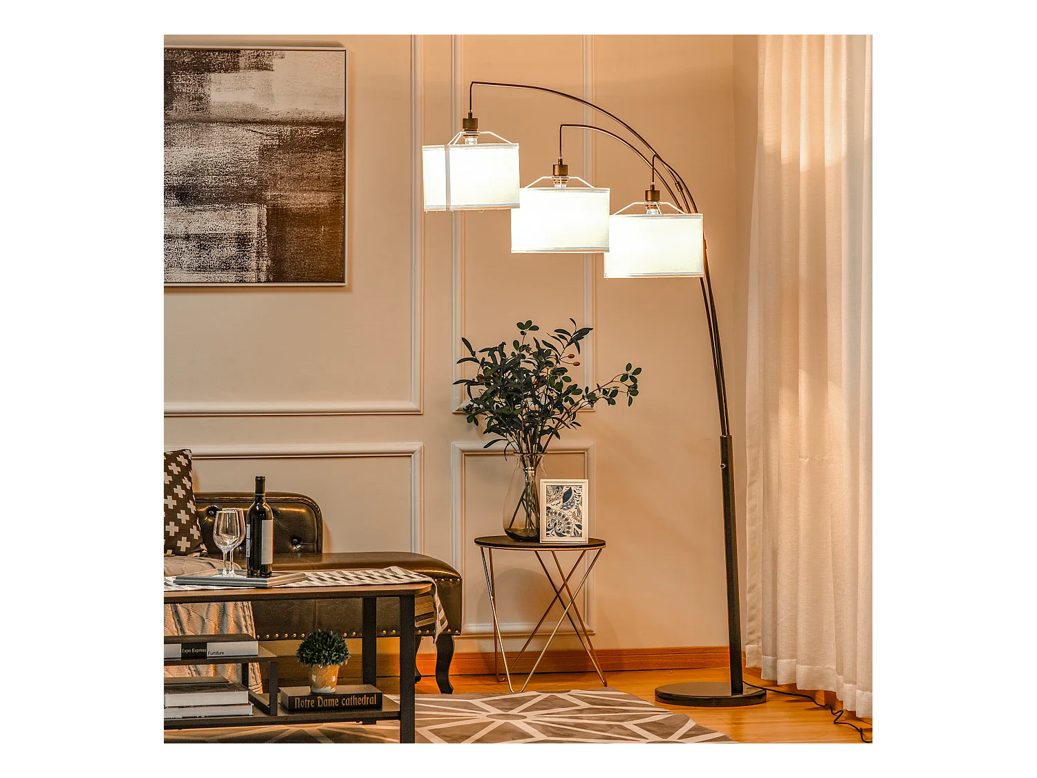 Lampada da terra con 3 luci e base in marmo in metallo nero e bianco