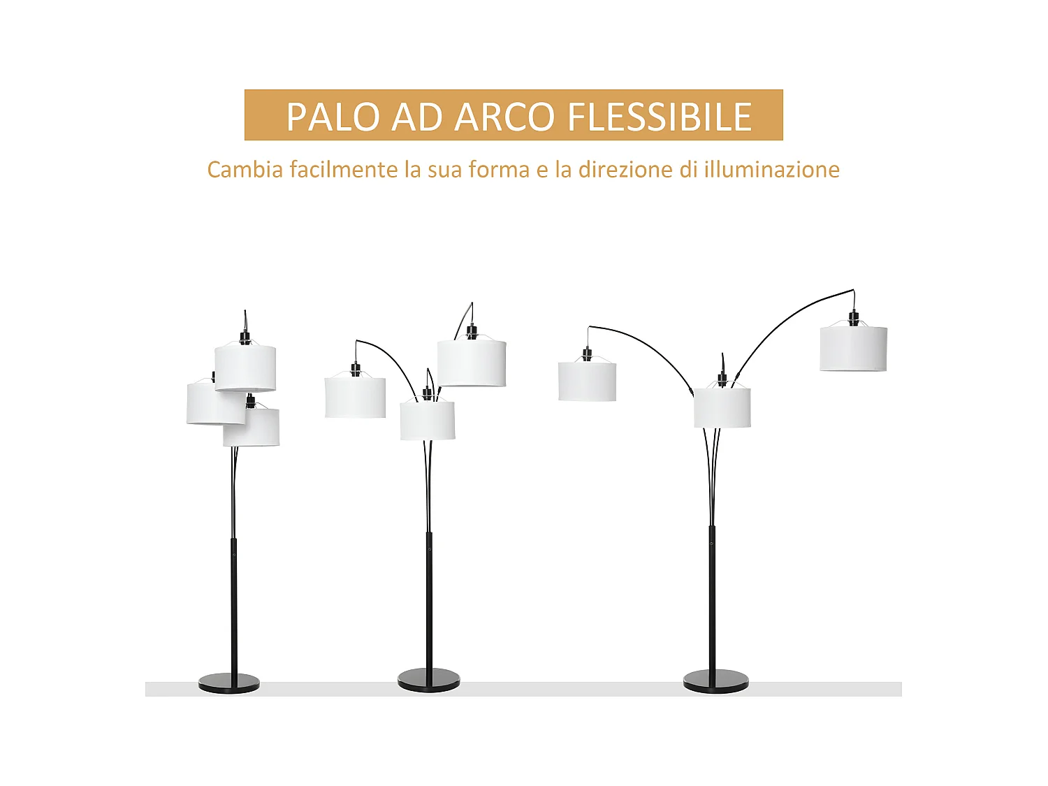 Lampada da terra con 3 luci e base in marmo in metallo nero e bianco