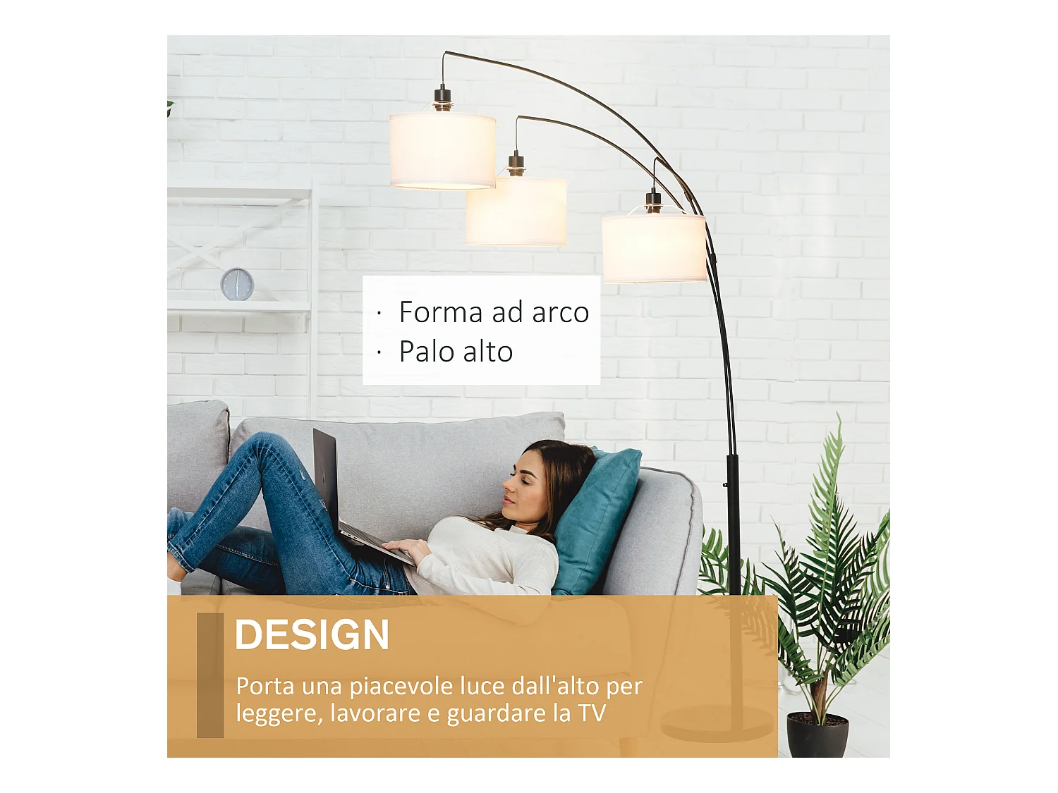 Lampada da terra con 3 luci e base in marmo in metallo nero e bianco