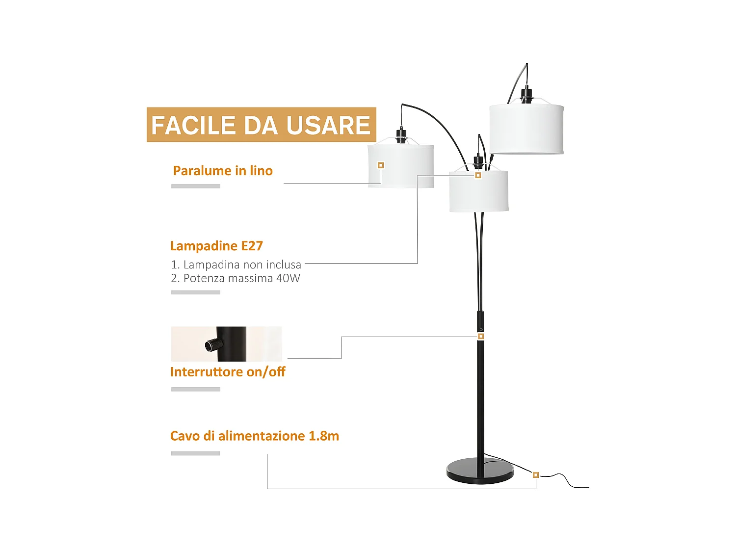 Lampada da terra con 3 luci e base in marmo in metallo nero e bianco