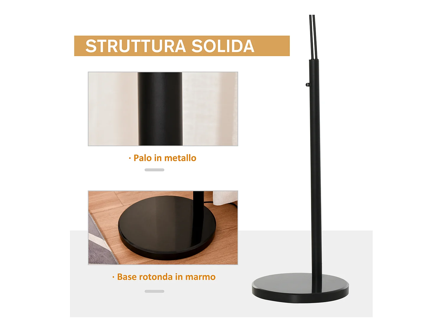 Lampada da terra con 3 luci e base in marmo in metallo nero e bianco