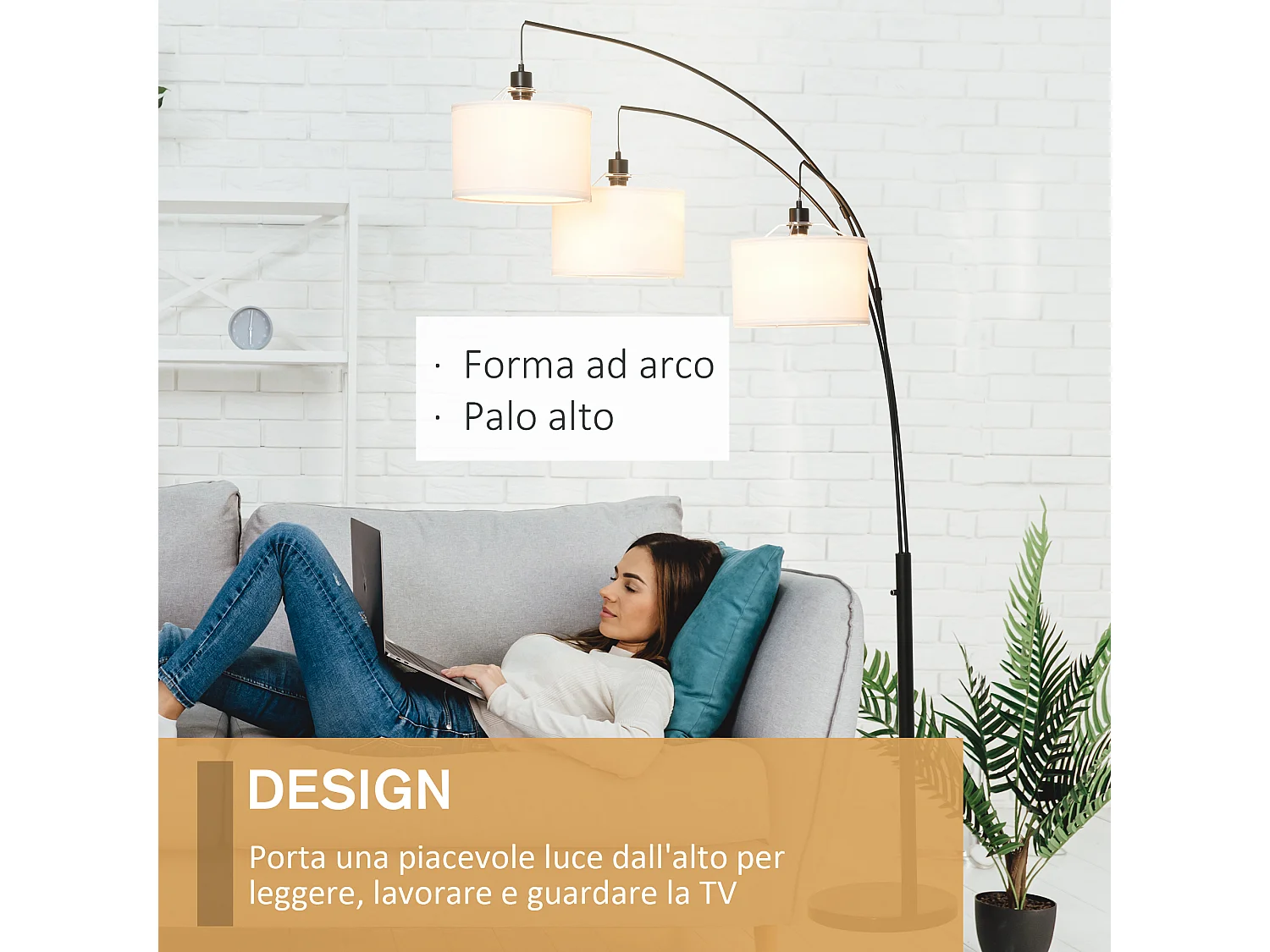 Lampada da terra con 3 luci e base in marmo in metallo nero e bianco