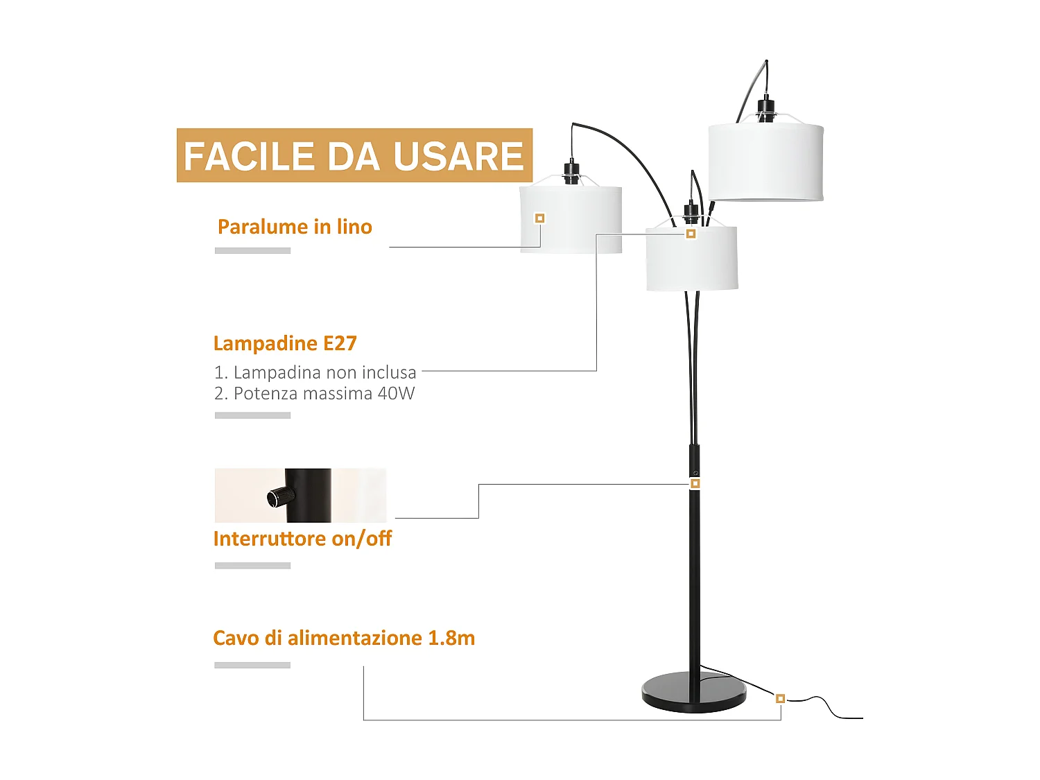 Lampada da terra con 3 luci e base in marmo in metallo nero e bianco
