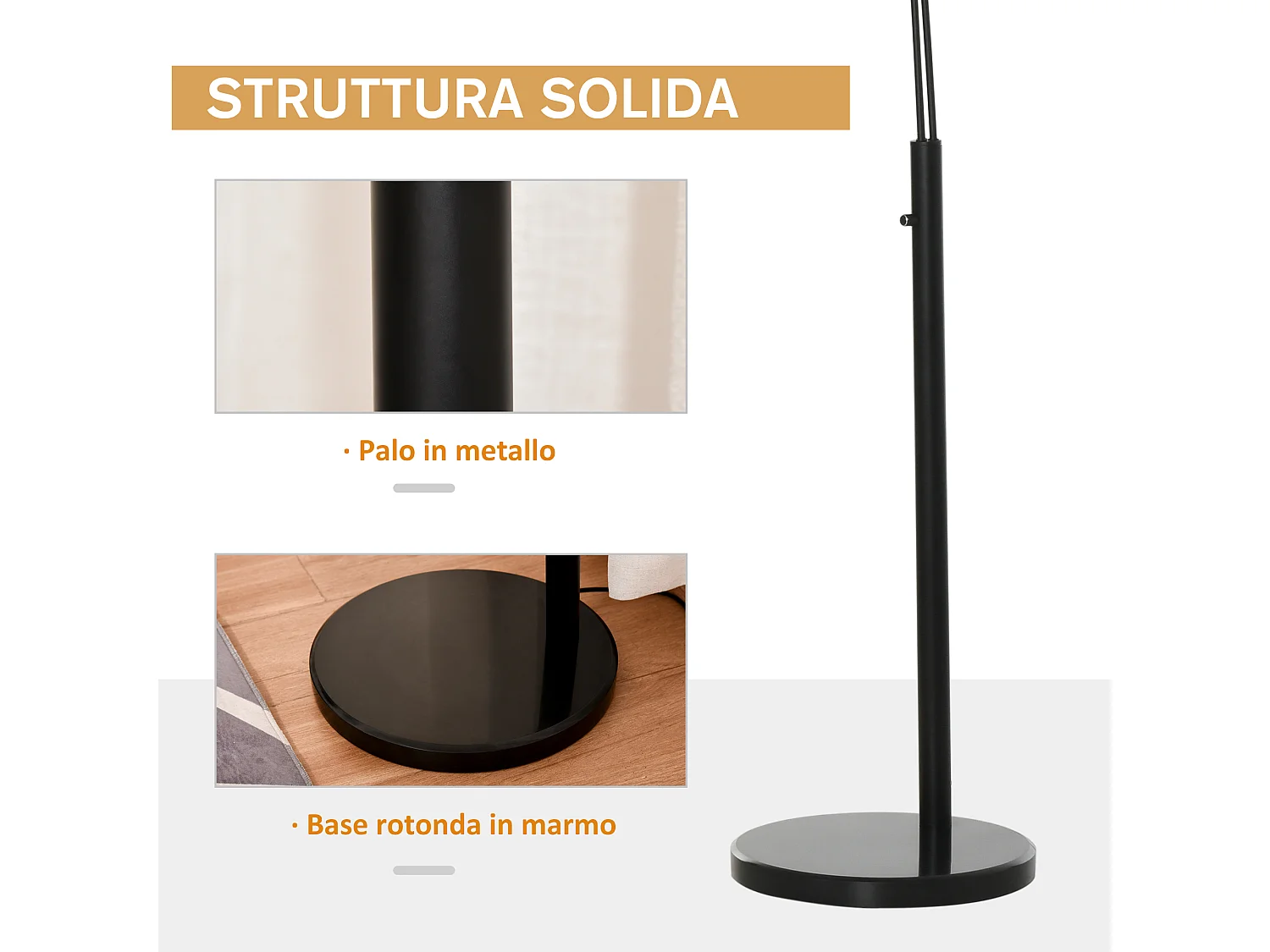 Lampada da terra con 3 luci e base in marmo in metallo nero e bianco