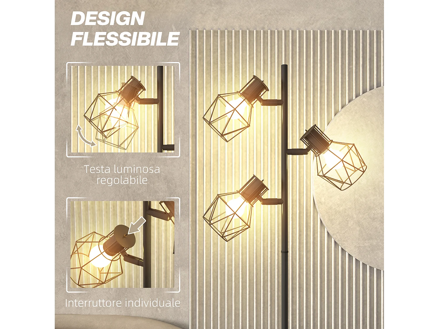 Lampada da terra 40w con 3 luci regolabili in metallo nero