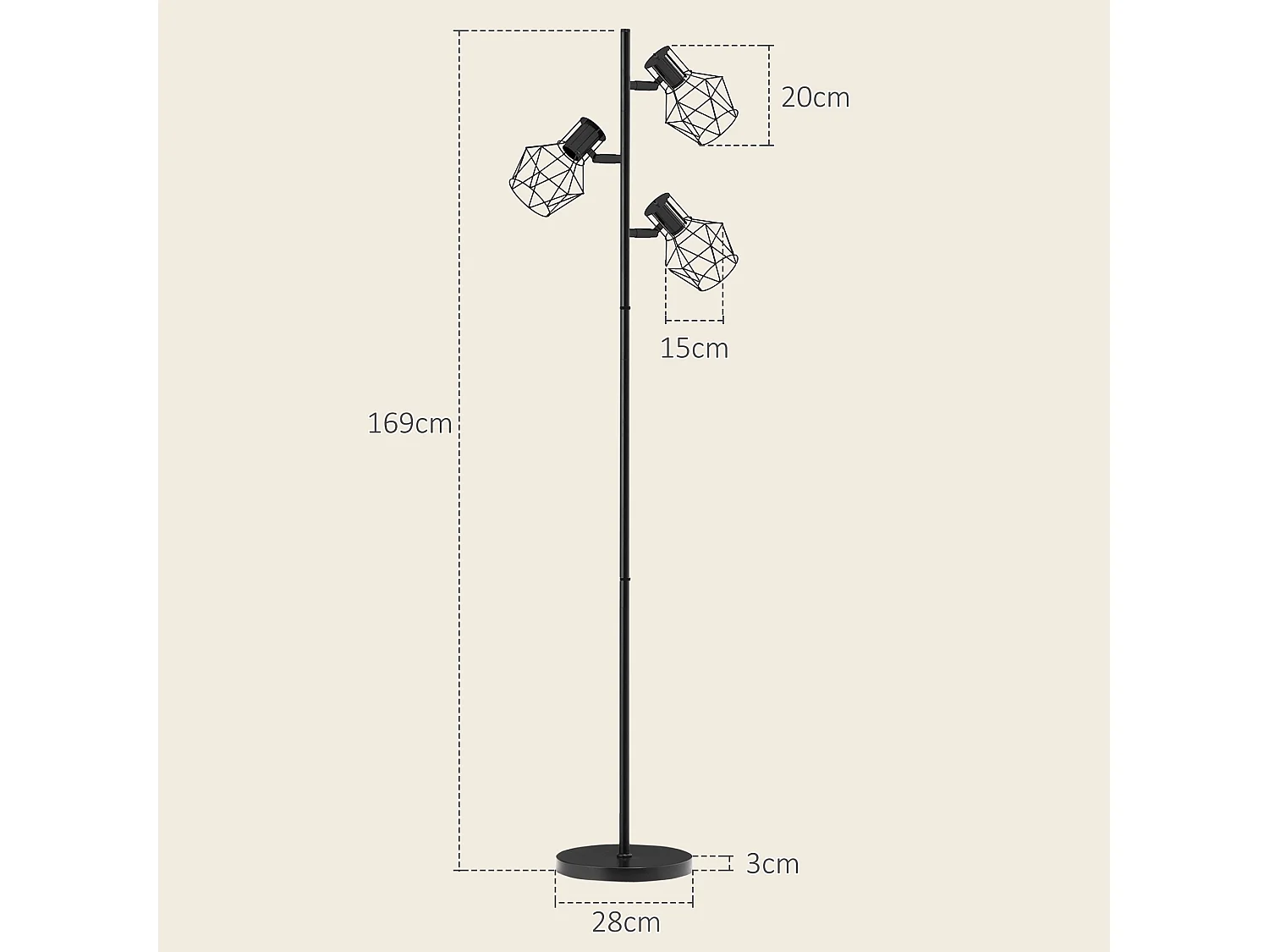 Lampada da terra 40w con 3 luci regolabili in metallo nero