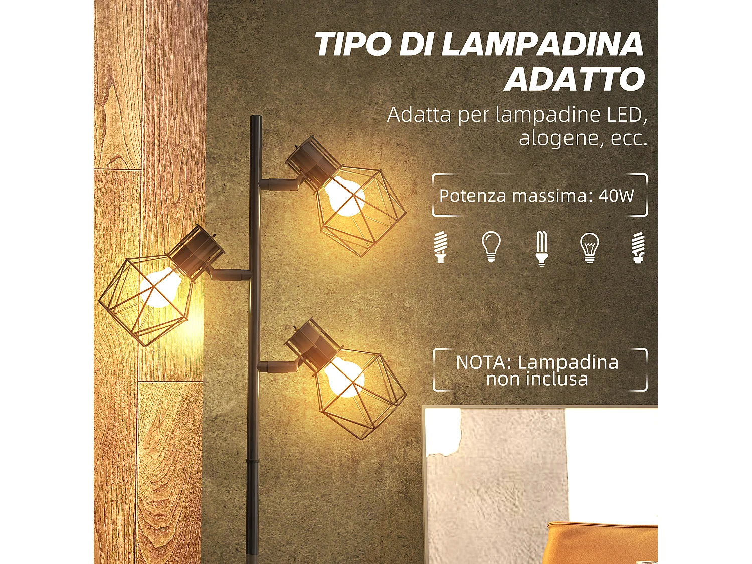 Lampada da terra 40w con 3 luci regolabili in metallo nero
