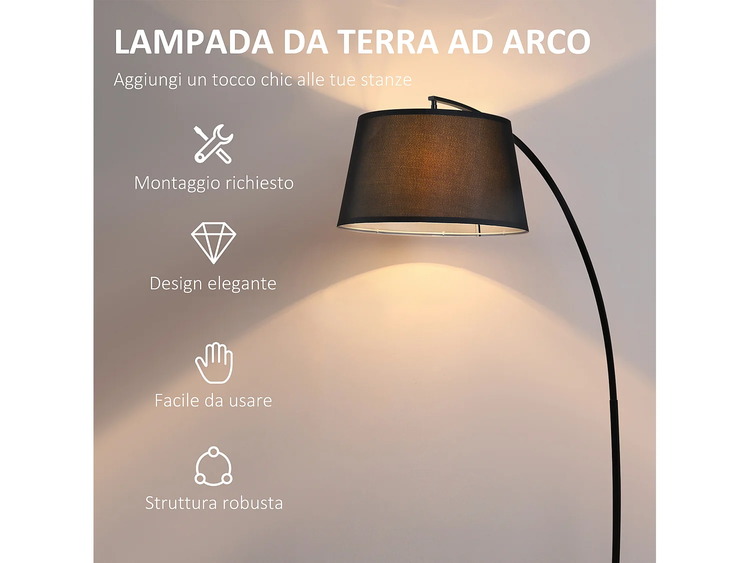 Lampada da terra con paralume in tessuto e base in metallo nera
