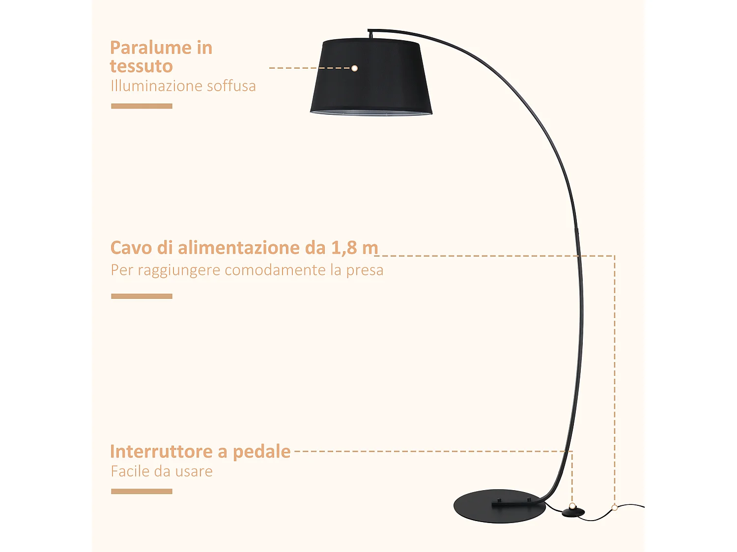 Lampada da terra con paralume in tessuto e base in metallo nera