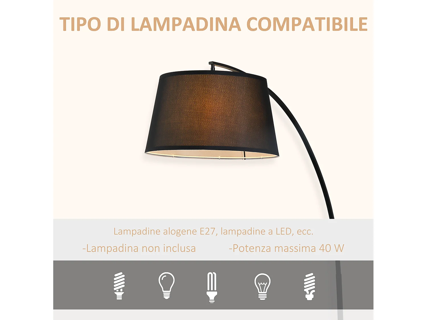 Lampada da terra con paralume in tessuto e base in metallo nera