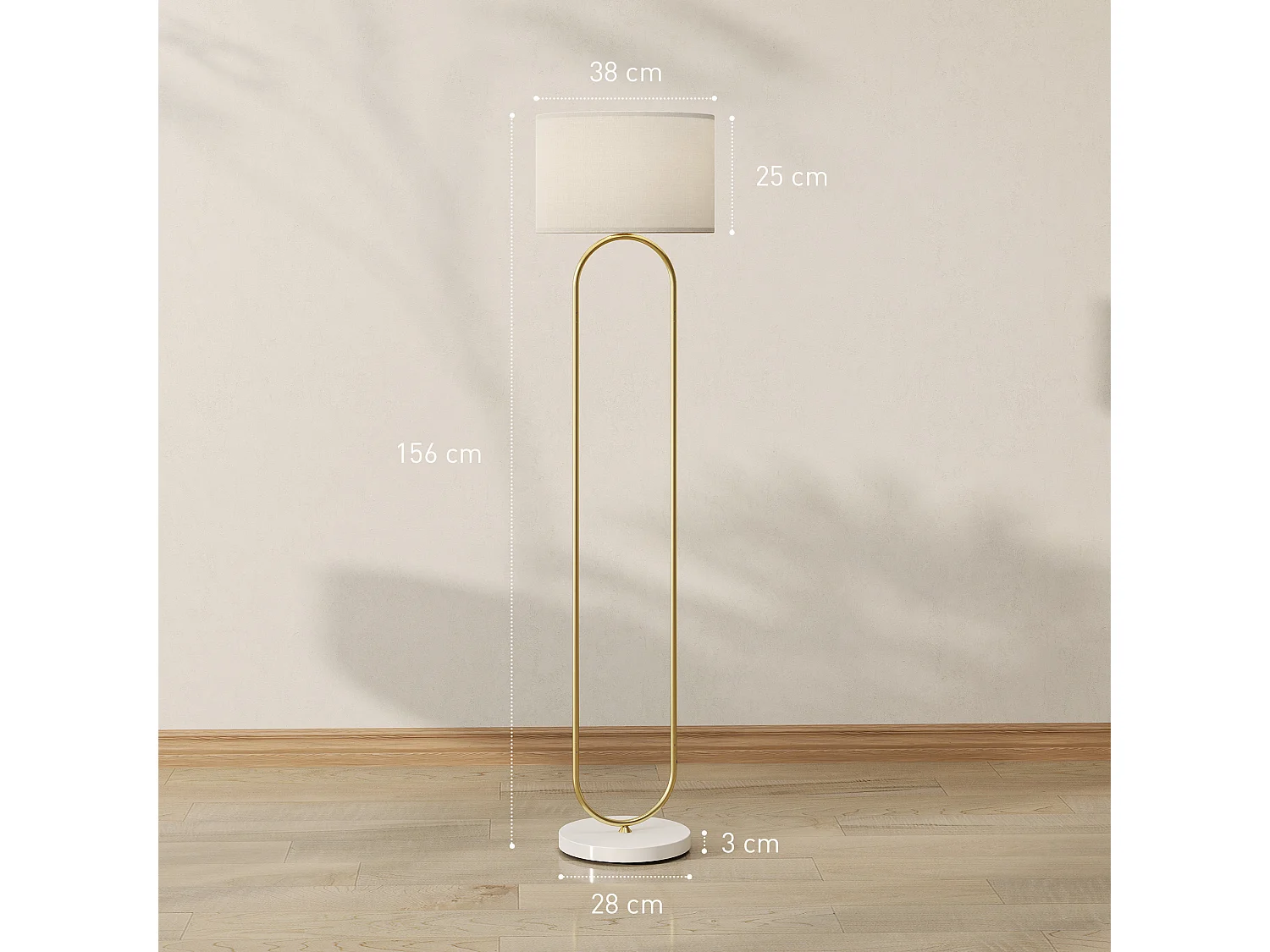 Lampada da terra con paralume in tessuto e tubi in metallo oro