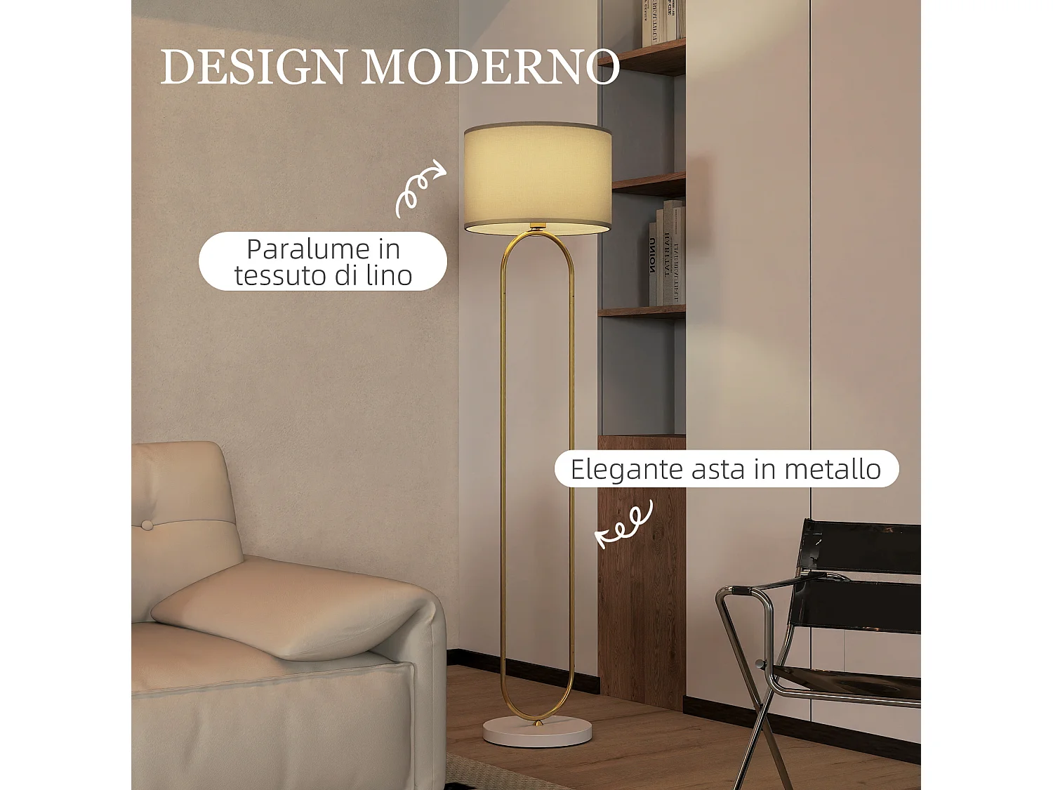 Lampada da terra con paralume in tessuto e tubi in metallo oro