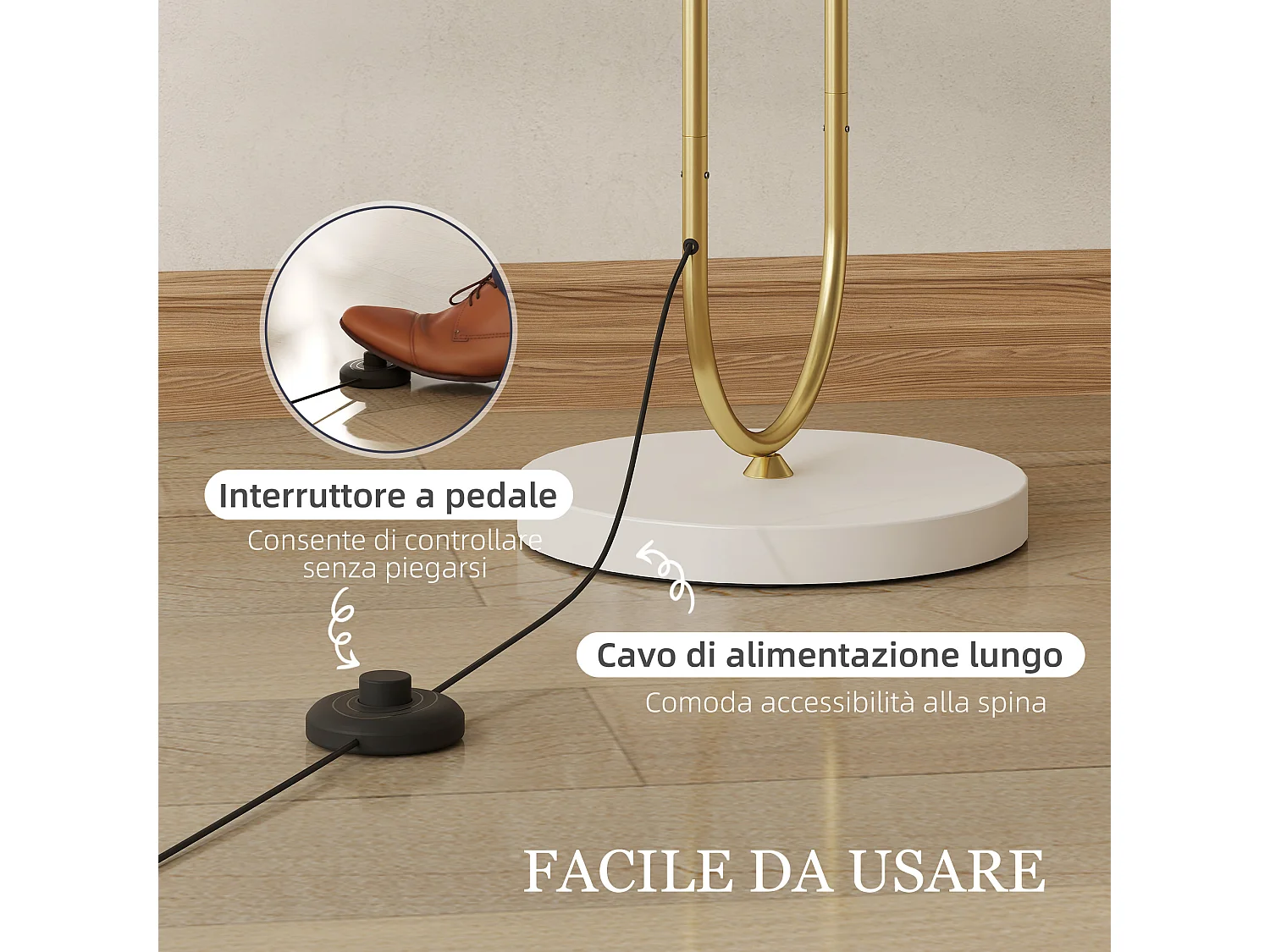 Lampada da terra con paralume in tessuto e tubi in metallo oro