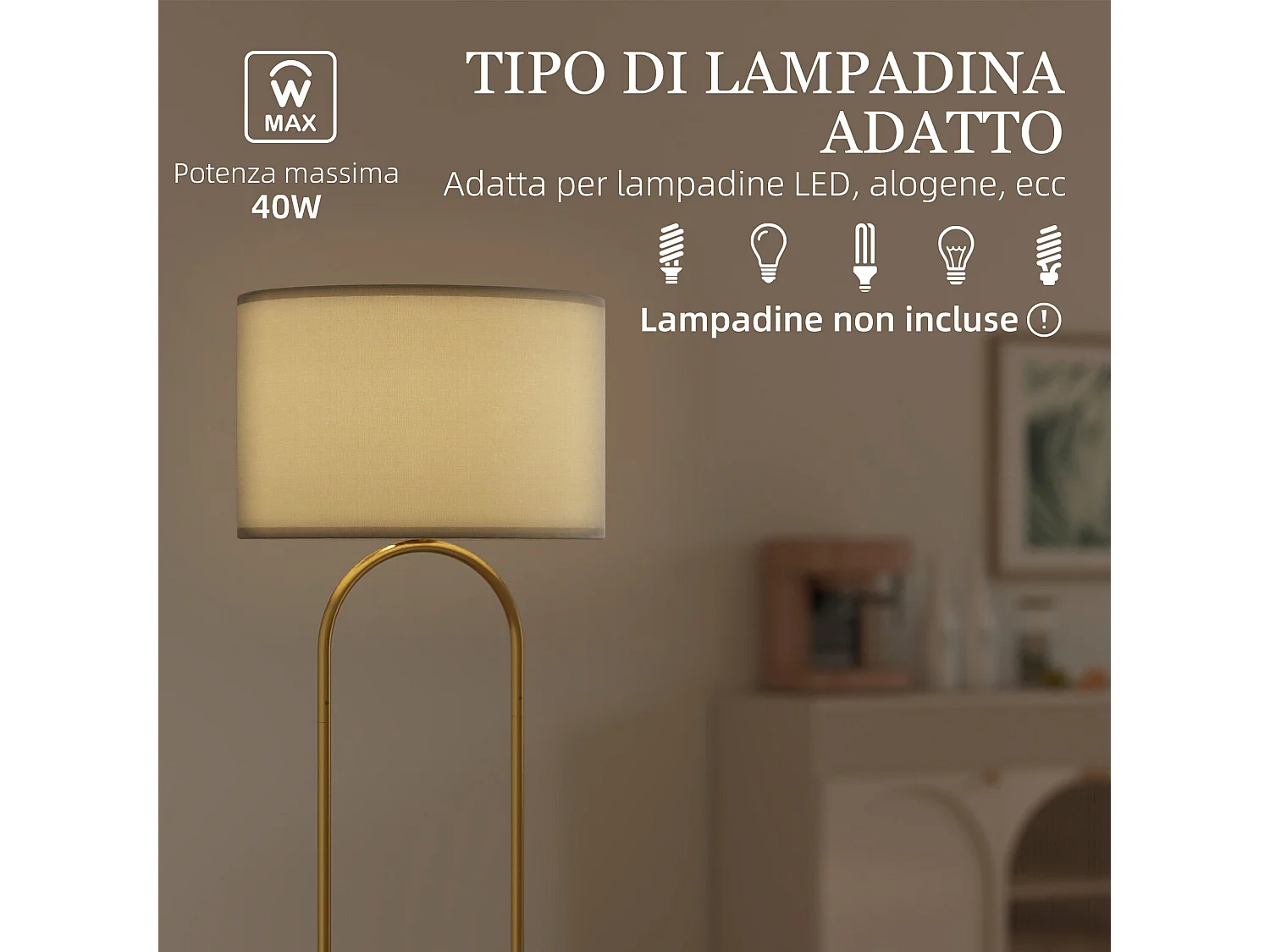 Lampada da terra con paralume in tessuto e tubi in metallo oro
