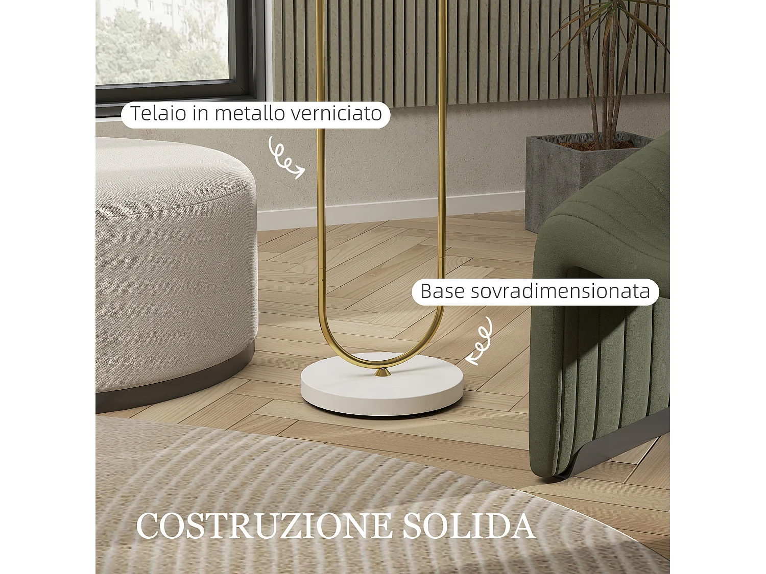 Lampada da terra con paralume in tessuto e tubi in metallo oro