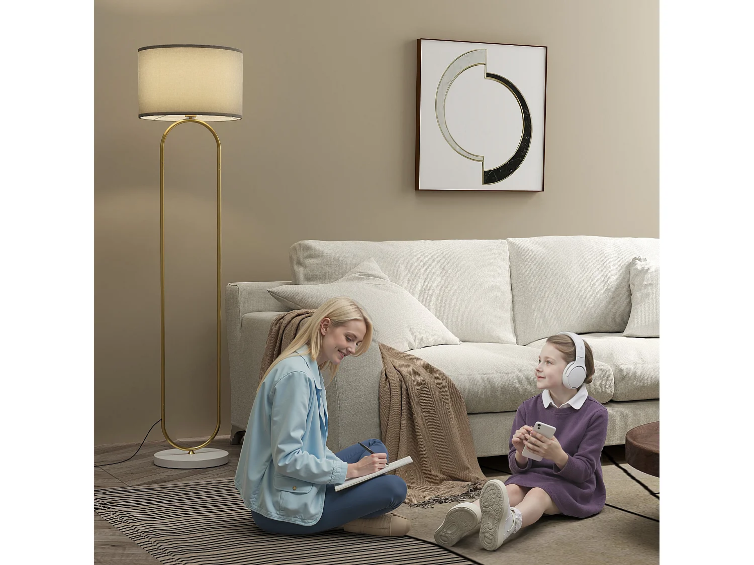 Lampada da terra con paralume in tessuto e tubi in metallo oro