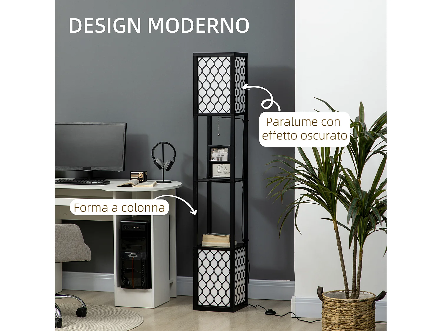 Lampada da terra a colonna in mdf e plastica pp con 2 ripiani