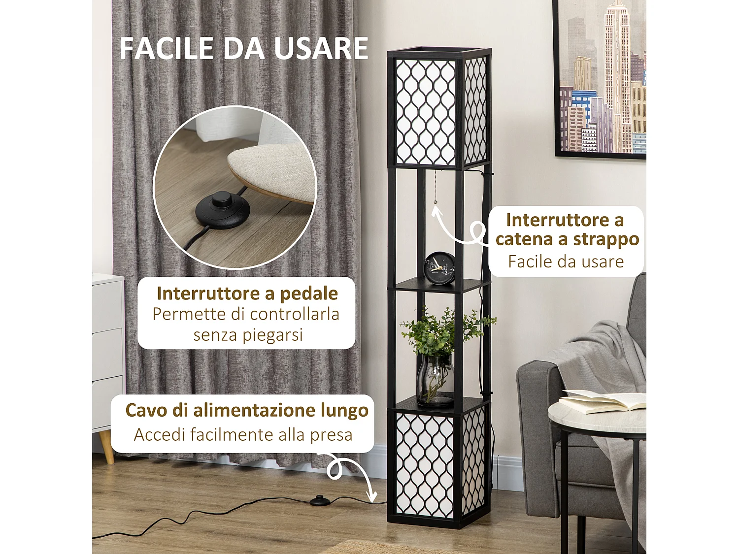 Lampada da terra a colonna in mdf e plastica pp con 2 ripiani