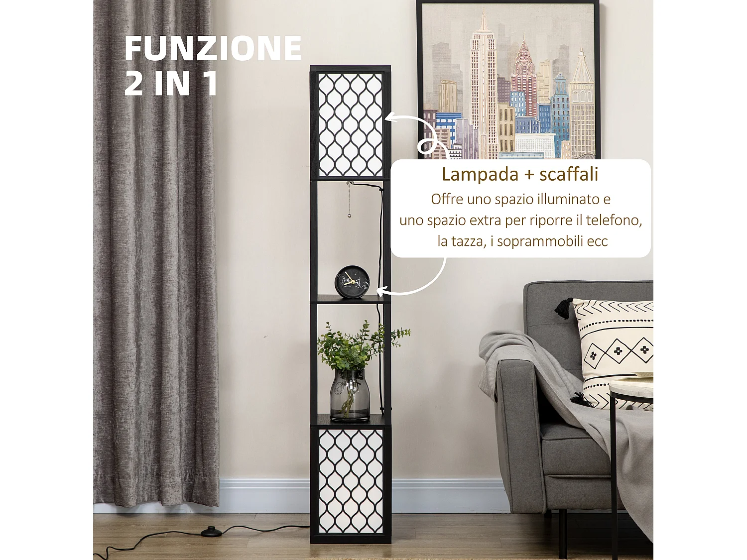 Lampada da terra a colonna in mdf e plastica pp con 2 ripiani