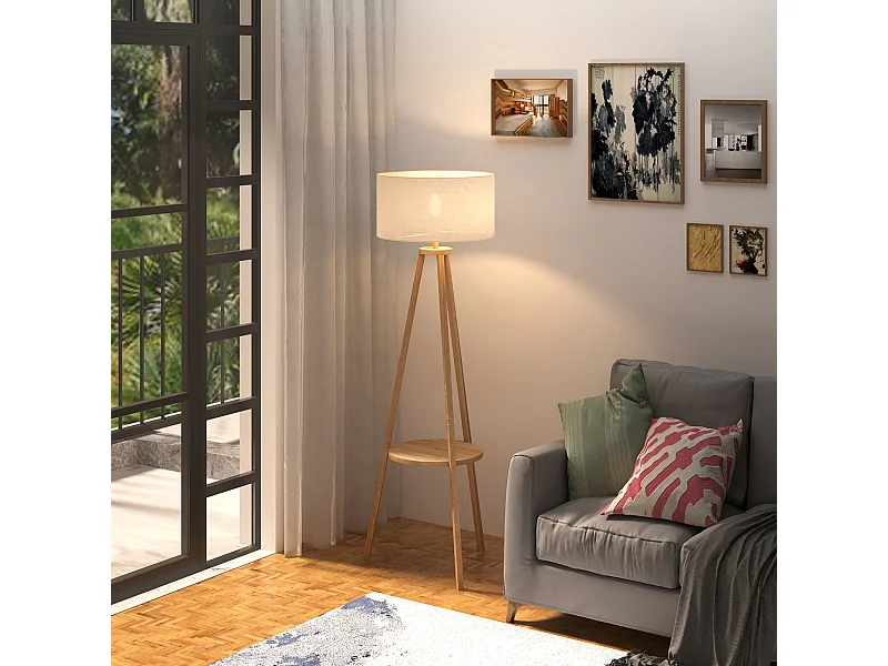 Lampada da terra con ripiano legno e paralume lino colore legno