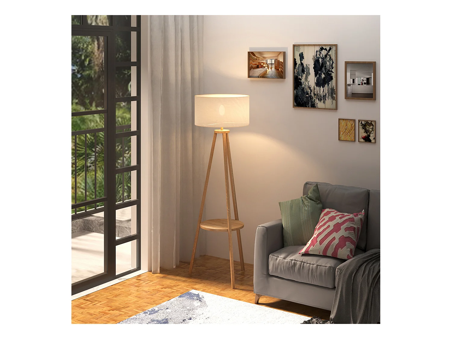 Lampada da terra con ripiano legno e paralume lino colore legno