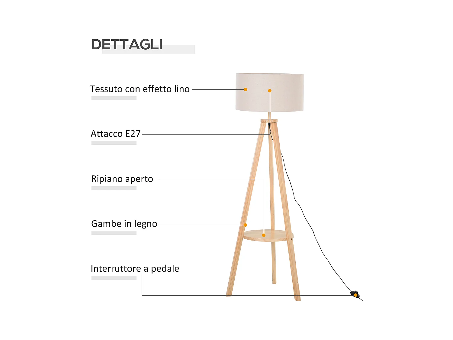 Lampada da terra con ripiano legno e paralume lino colore legno